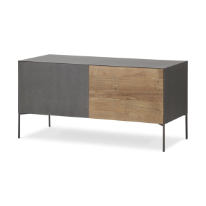 Mueble TV Fusion frontal acero y teca reciclada 1 puerta abatible 1 cajón contenedor 111 x 45 x 55 cm