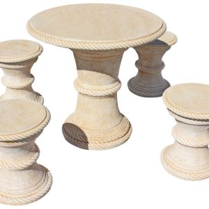 MESA DE JARDÍN REDONDA CON TABURETES MODELO MANGO NATURAL.