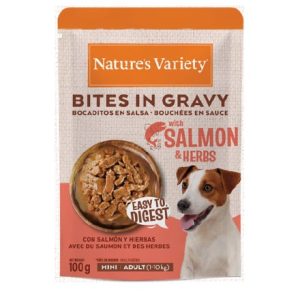NATURE’S VARIETY DOG BOCADITOS EN SALSA MINI ADULT SALMÓN 100g (24 uds./caja)