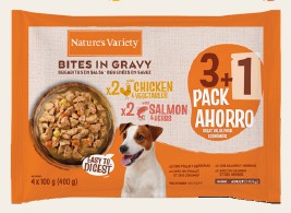 NATURE’S VARIETY DOG BOCADITOS EN SALSA FLOW PACK MINI 2 CON POLLO Y 2 CON SALMÓN 100g (11 uds./caja)