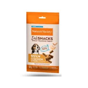 NATURE’S VARIETY DOG DELISNACK PUPPY POLLO Y CERDO 50g (12 uds./caja)-PVO1.80