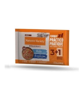 NATURE’S VARIETY CAT BOCADITOS EN SALSA FLOWPACK 2 CON BACALAO Y 2 CON PESCADO OCÉANO 85g (11uds./caja)