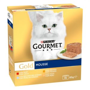GOURMET GOLD MOUSSE PACK BUEY, PESCADO OCÉANO, PAVO E HÍGADO 8x85g (12ud./caja)