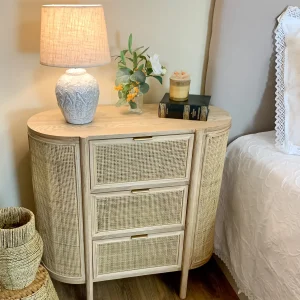 Cómoda Rubberwood ratán 3 cajones 80x39x80