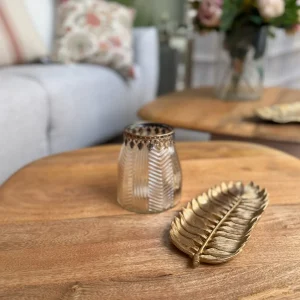 Porta velas grabado transparente y dorado 11x13 cm