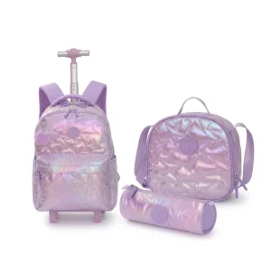 SET x3 MOCHILA CON RUEDAS - LONCHERA - CARTUCHERA  LILA