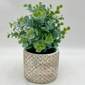 Planta artificial y maceta estampada