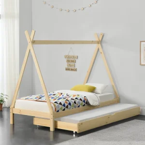 Cama infantil Cree 90x200cm con cama extensible Madera Natural//Blanco [en.casa]