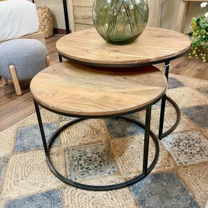 Mesas de centro acacia y metal 75x75x49 y 60x60x40