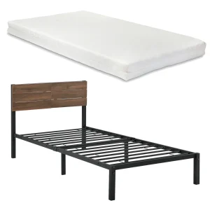 Cama de metal Lausanne con colchón de espuma fría en varios tamaños Negro / color madera en.casa