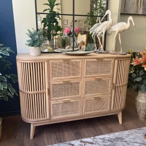 Cómoda madera de abeto y ratán natural 120x40x80 cm