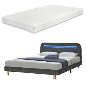 Cama tapizada Roskilde con iluminación LED y colchón Colores y tamaños variados