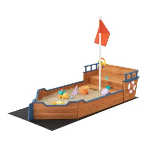 Caja de arena Mestia con diseño de barco pirata 136x193x94cm Madera Natural [en.casa]