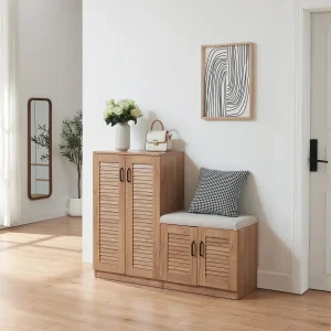 Zapatero Løten con banco 120x36x97 cm efecto roble [en.casa]