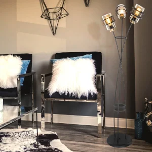 Lámpara de pie Ewell 3xE27 Metal Vidrio Negro / Color latón [lux.pro]