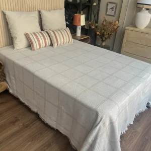 Colcha cuadros camel y beige algodón 280x260 cm