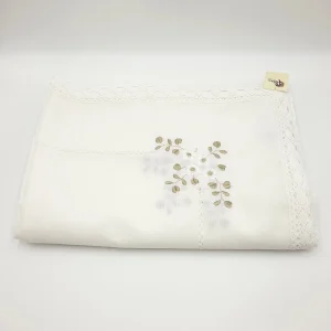 Mantel lino flor blanca puntilla mesa 200 cm