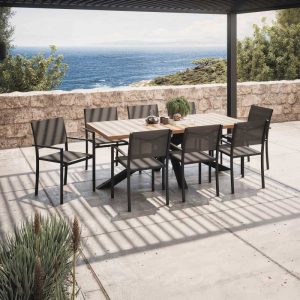 Mesa de jardín de madera de acacia y aluminio 200×95 cm y 8 sillas con reposabrazos de textilene