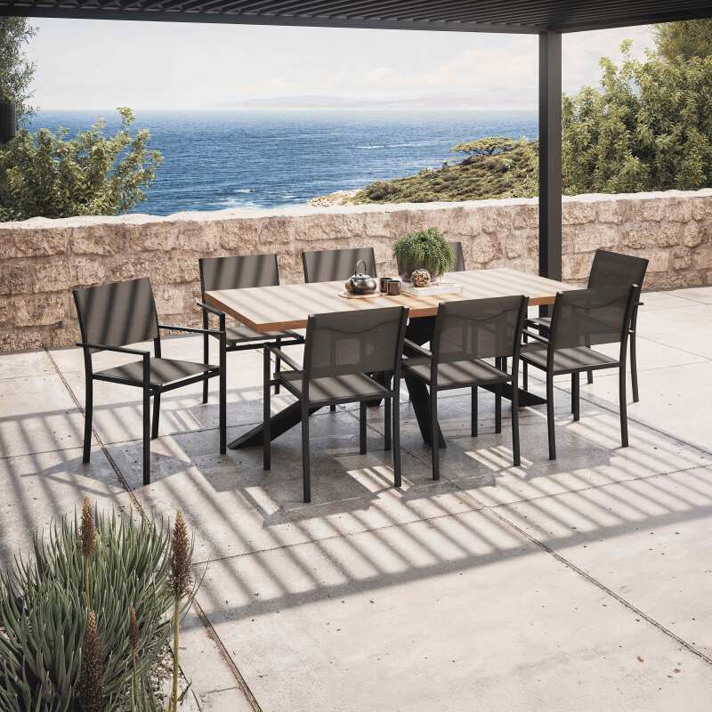 Mesa de jardín de madera de acacia y aluminio 200×95 cm y 8 sillas con reposabrazos de textilene - Imagen 2