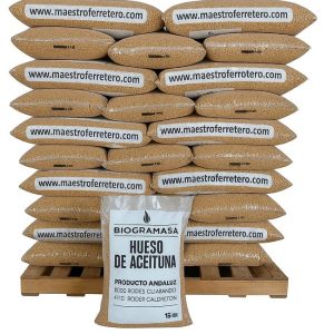 Palet 77 Sacos de Hueso de Aceituna 15 kg-Biocombustible Ecológico para Estufas y Calderas, Bajo en Humedad, Alta Densidad(NO ES PELLETS)