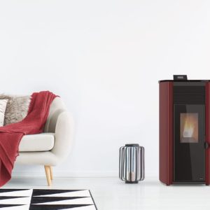 Estufa termostática de pellet 10 kW para grandes superficies — acabado burdeos