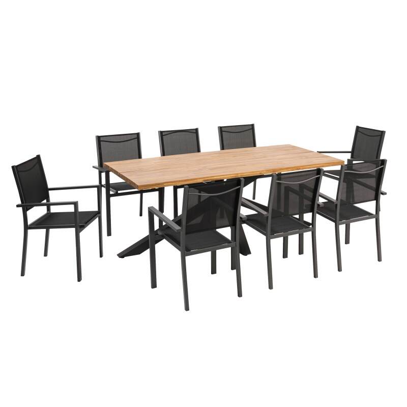 Mesa de jardín de madera de acacia y aluminio 200×95 cm y 8 sillas con reposabrazos de textilene - Imagen 8