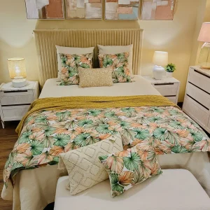 Plaid edredón hojas verde y naranja cama 135 y 150